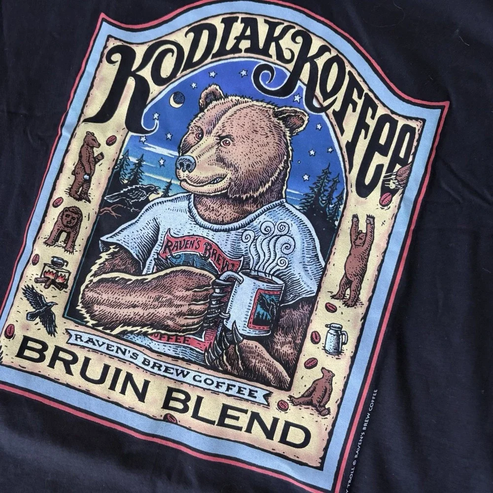 Ray Troll Raven's Brew Coffee Hanes Heavyweight Kodiak Koffee Bear Mint Cond LG - Picture 3 of 8